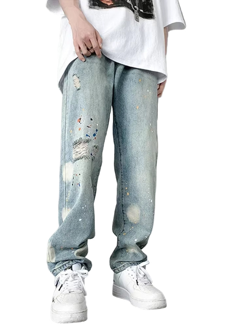 Men'S Splashing Ink Ripped Baggy Jeans 2024 New Hip Hop Fashion Graffiti Holed Straight-Leg Denim Pants Y2K Streetwear Jean