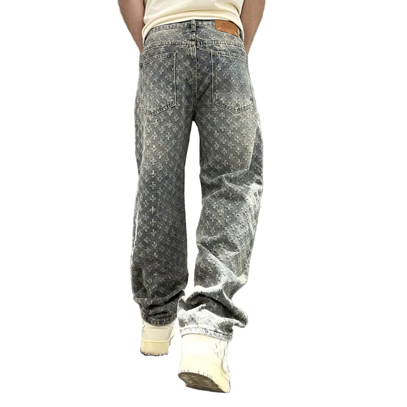 Jacquard Pattern Denim Pants Male Straight Fitting Baggy Bottoms Distressed Wide Jeans for Men