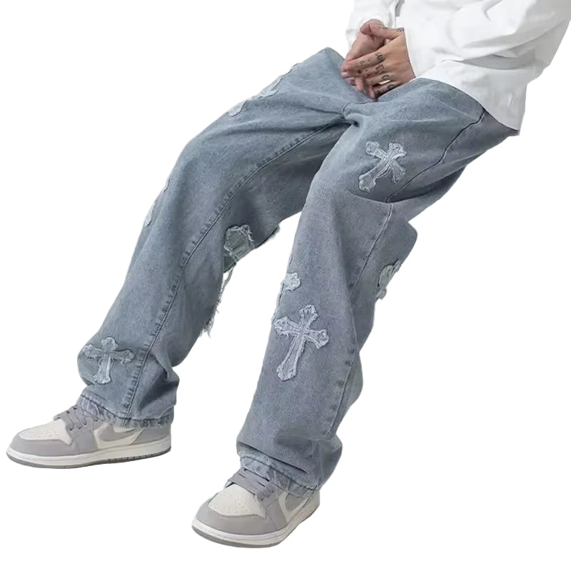 2023 Fashion Trousers Cross Denim Pants Streetwear Hip Hop Low Rise Baggy Jeans for Men Korean Y2K Women Cargo Pants Punk Clothe