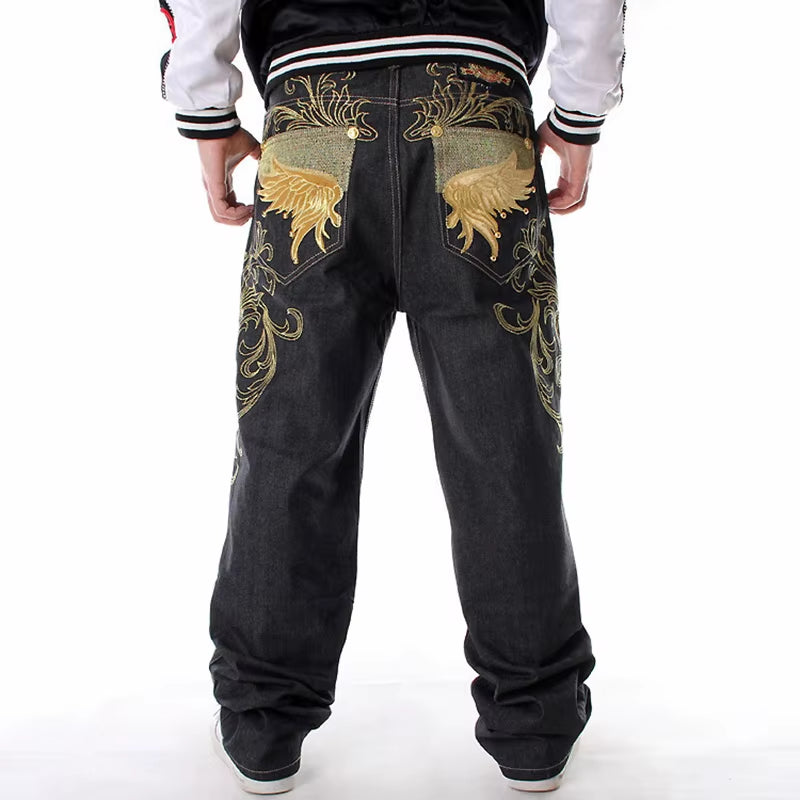 Mens Loose Jeans Wide Leg Fashion Embroidery Skateboarder Hip Hop Baggy Denim Pants Big Size 30-46