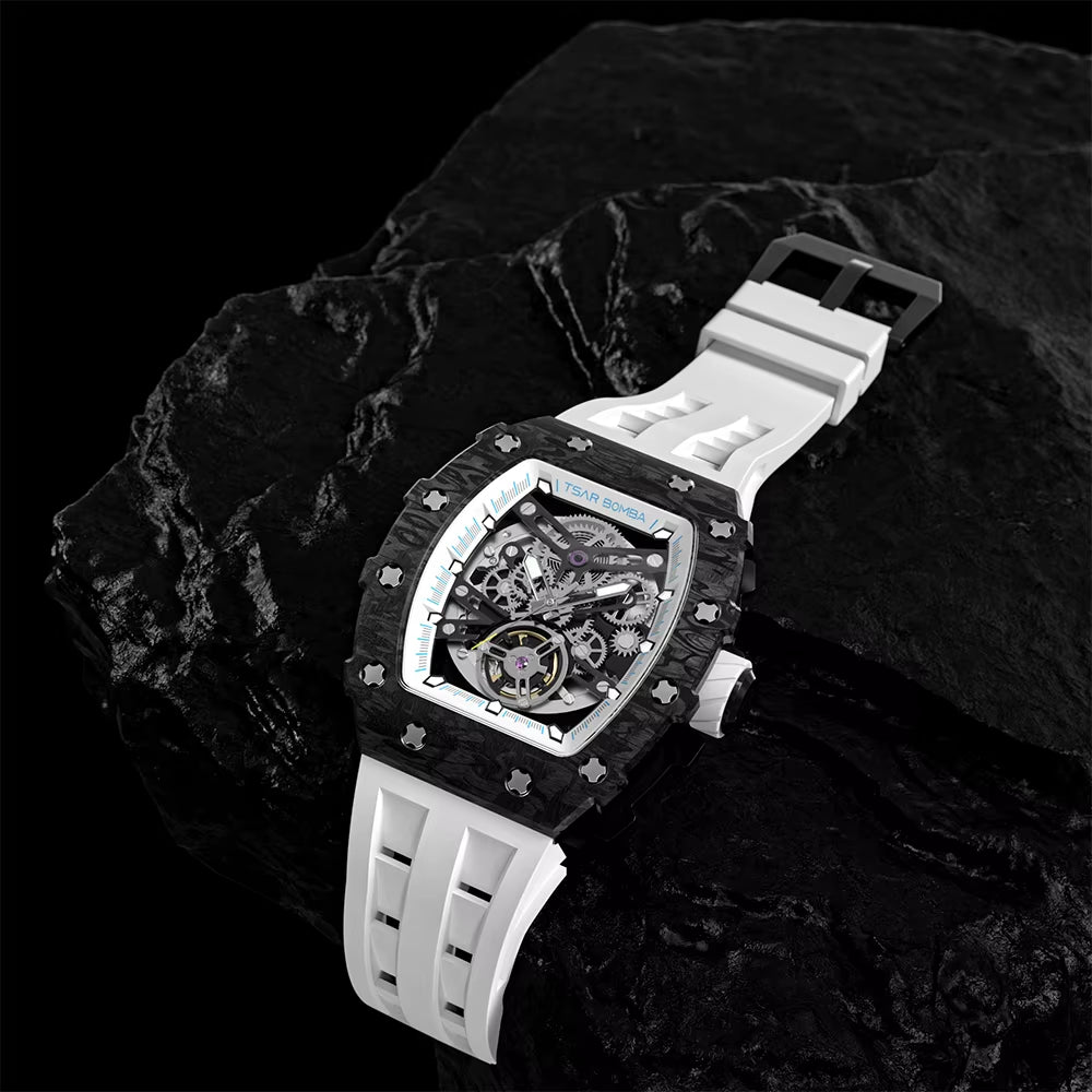 TSAR BOMBA Top Brand Mens Automatic Watches Skeleton Mechanical Clock Waterproof Luxury Fashion Wristwatch for Men Carbon Fiber