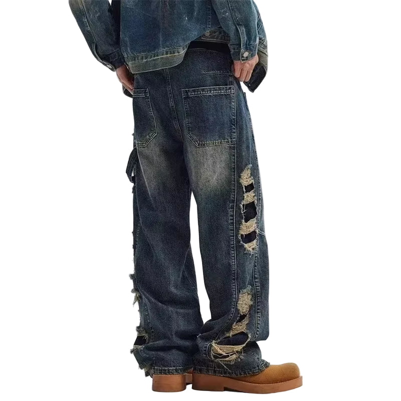 Spring Men'S Ripped Wide-Leg Distressed Jeans 2025 New Hip Hop Skateboard Denim Pants Y2K Vintage Streetwear Jean Trousers