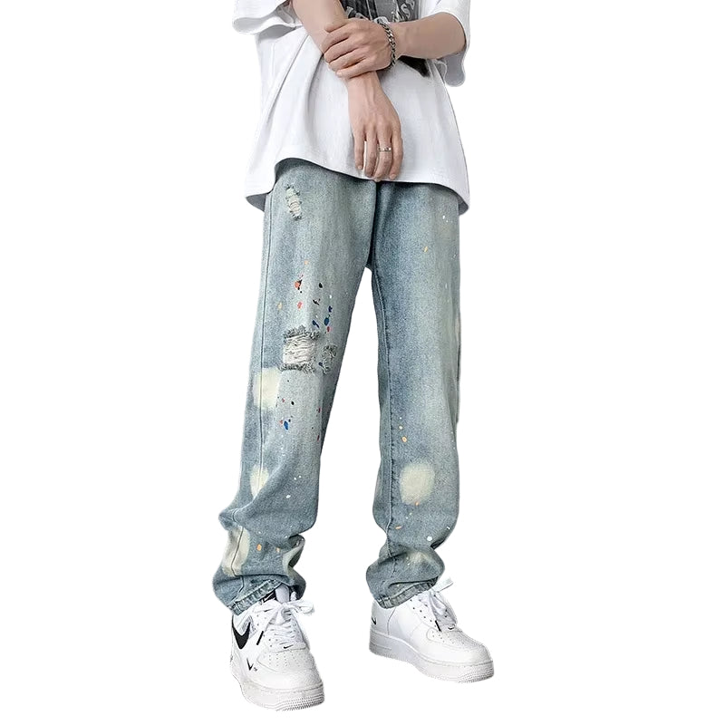 Men'S Splashing Ink Ripped Baggy Jeans 2024 New Hip Hop Fashion Graffiti Holed Straight-Leg Denim Pants Y2K Streetwear Jean