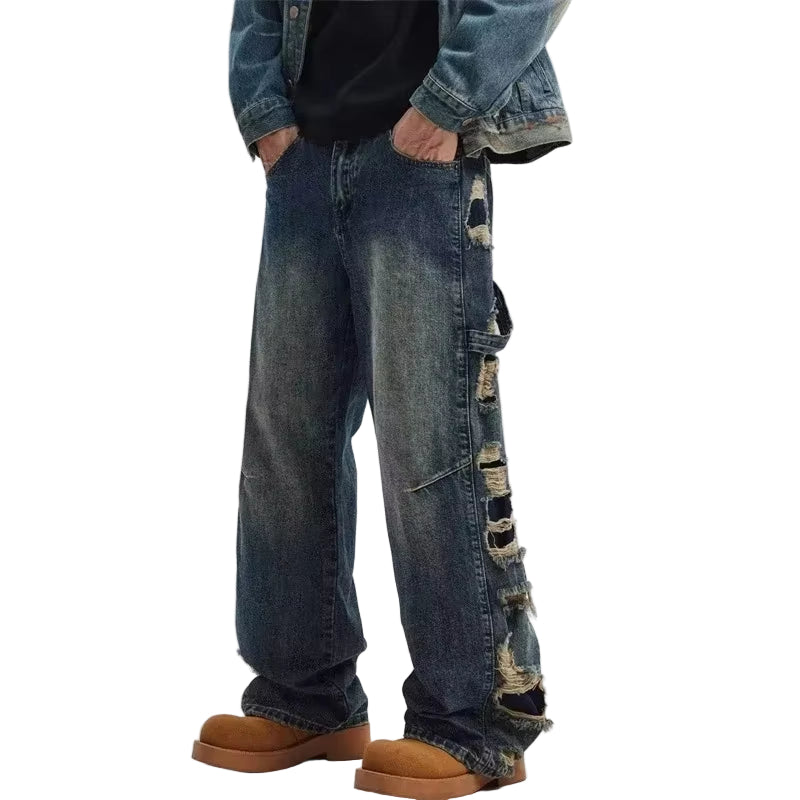 Spring Men'S Ripped Wide-Leg Distressed Jeans 2025 New Hip Hop Skateboard Denim Pants Y2K Vintage Streetwear Jean Trousers