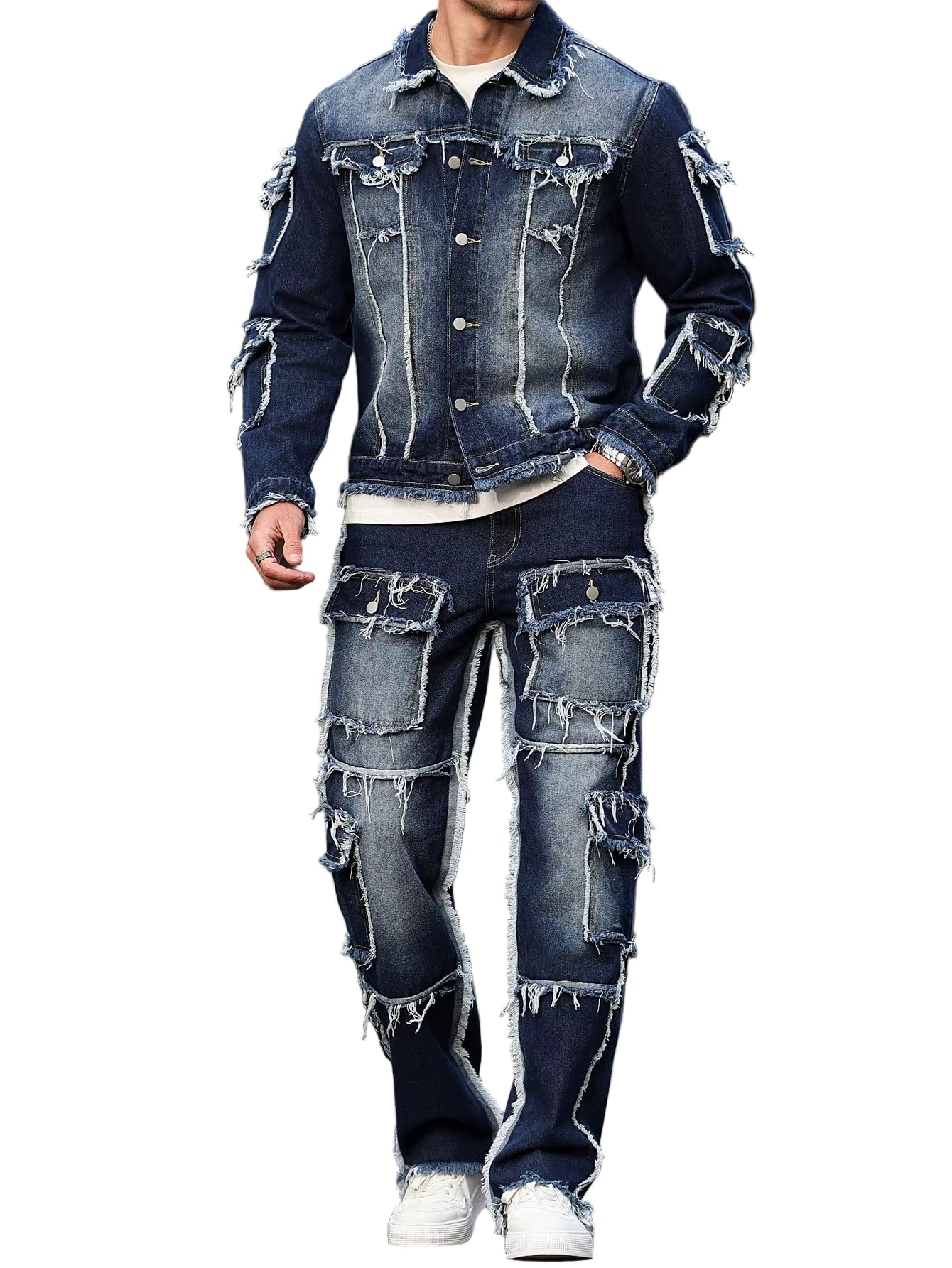 Men'S Spring and Autumn Denim Suit, Multi - Pocket Design, Wide Straight - Leg Pants Style