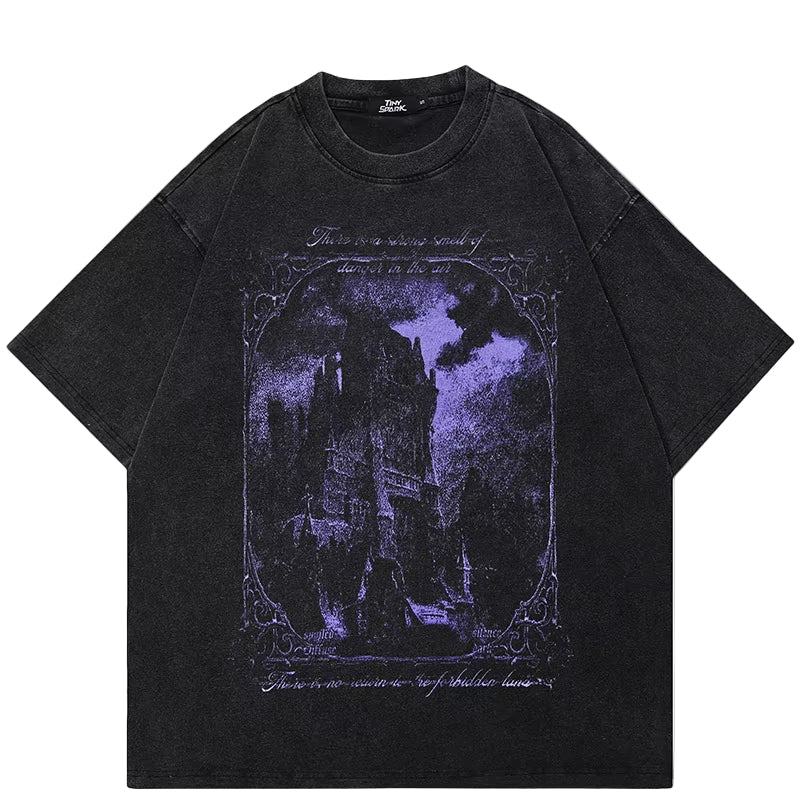 Hip Hop Washed Black T-Shirt Streetwear Vintage Purple Graphic Horror Castle T Shirt Cotton Tshirt Men Tops Tees Unisex Y2K