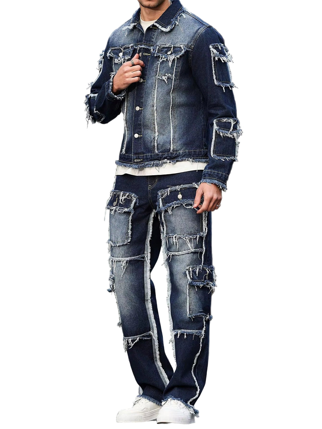 Men'S Spring and Autumn Denim Suit, Multi - Pocket Design, Wide Straight - Leg Pants Style