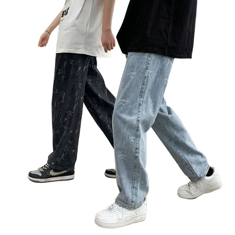 Jeans Men Design Print Mid Waist Oversize Baggy Jean Streetwear Zipper Fly Straight Denim Trousers Hip Hop Retro Ulzzang Teens