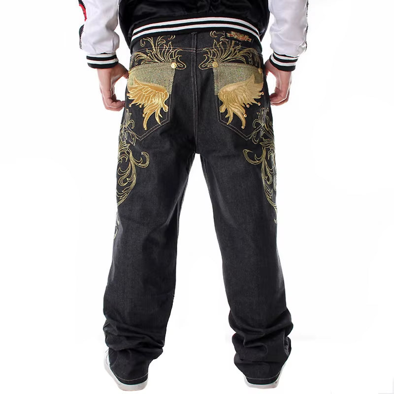 Mens Loose Jeans Wide Leg Fashion Embroidery Skateboarder Hip Hop Baggy Denim Pants Big Size 30-46