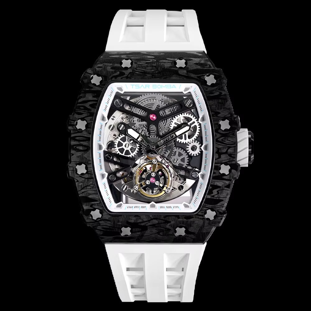 TSAR BOMBA Top Brand Mens Automatic Watches Skeleton Mechanical Clock Waterproof Luxury Fashion Wristwatch for Men Carbon Fiber