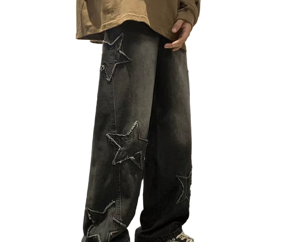 New Fashion Five-Pointed Star Jeans Men High-Waisted Vintage Streetwear Men Pants Baggy Winter Wide-Leg Jeans Denim Men Clothing