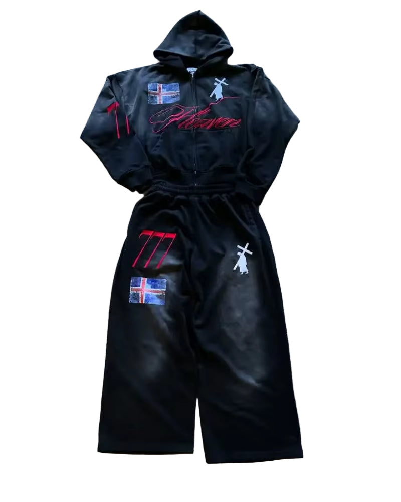 High Street American Retro Streetwear Men'S Suit Two-Piece Set Goth Harajuku Zipper Hoodie Trendy Casual Sports Suit Sweatshirt