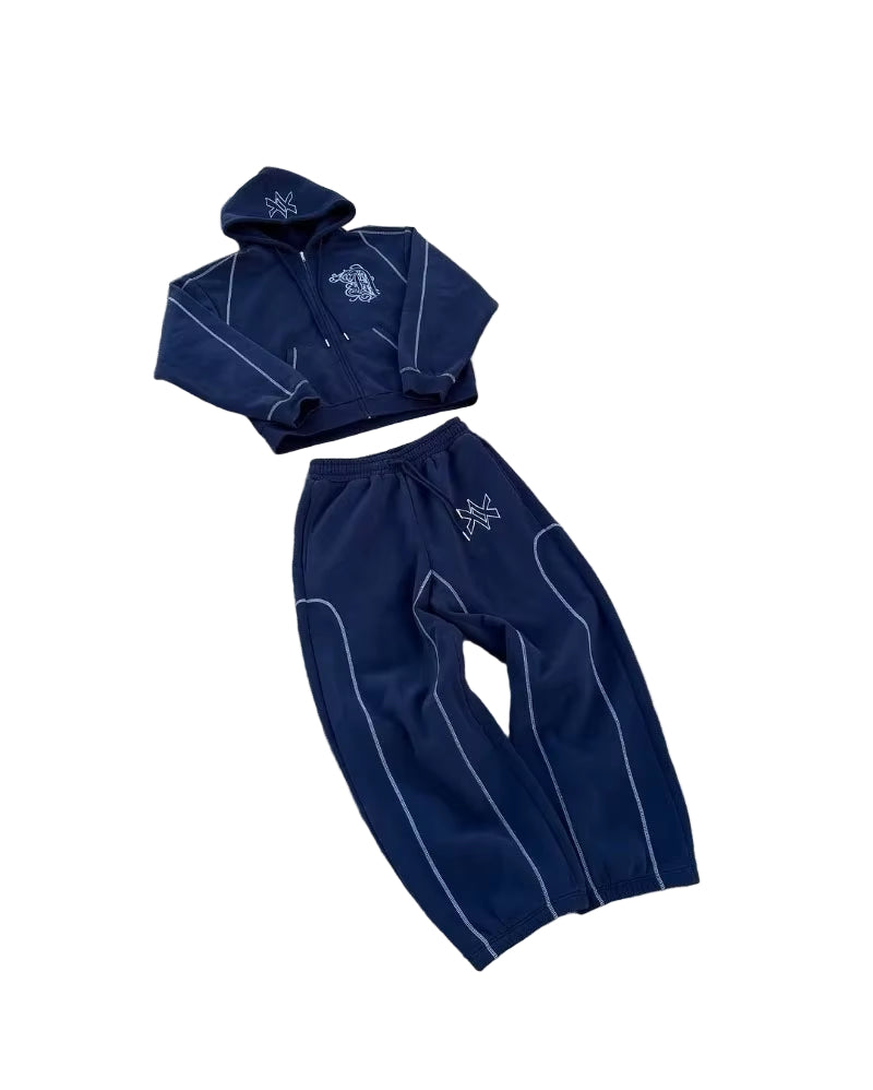 Punk Fashion Vintage Patchwork Pattern Embroidery Design Men Clothing Y2K Set Hip Hop Harajuku Casual Couple Oversized Tracksuit