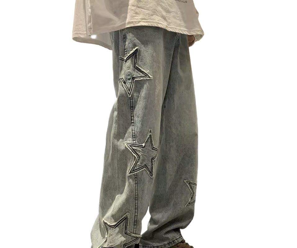 New Fashion Five-Pointed Star Jeans Men High-Waisted Vintage Streetwear Men Pants Baggy Winter Wide-Leg Jeans Denim Men Clothing
