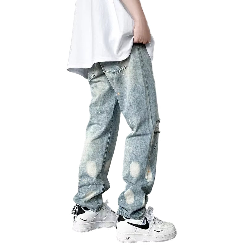Men'S Splashing Ink Ripped Baggy Jeans 2024 New Hip Hop Fashion Graffiti Holed Straight-Leg Denim Pants Y2K Streetwear Jean