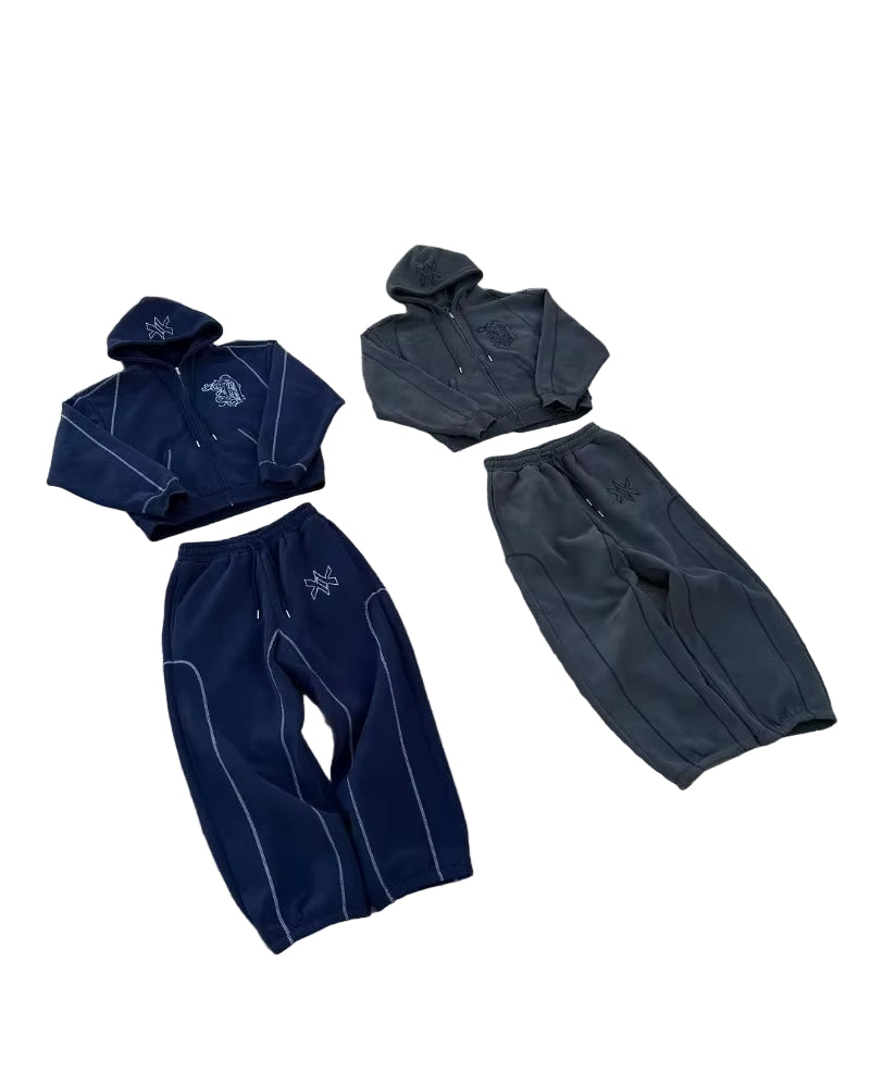 Punk Fashion Vintage Patchwork Pattern Embroidery Design Men Clothing Y2K Set Hip Hop Harajuku Casual Couple Oversized Tracksuit