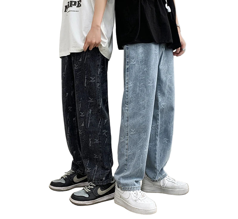 Jeans Men Design Print Mid Waist Oversize Baggy Jean Streetwear Zipper Fly Straight Denim Trousers Hip Hop Retro Ulzzang Teens