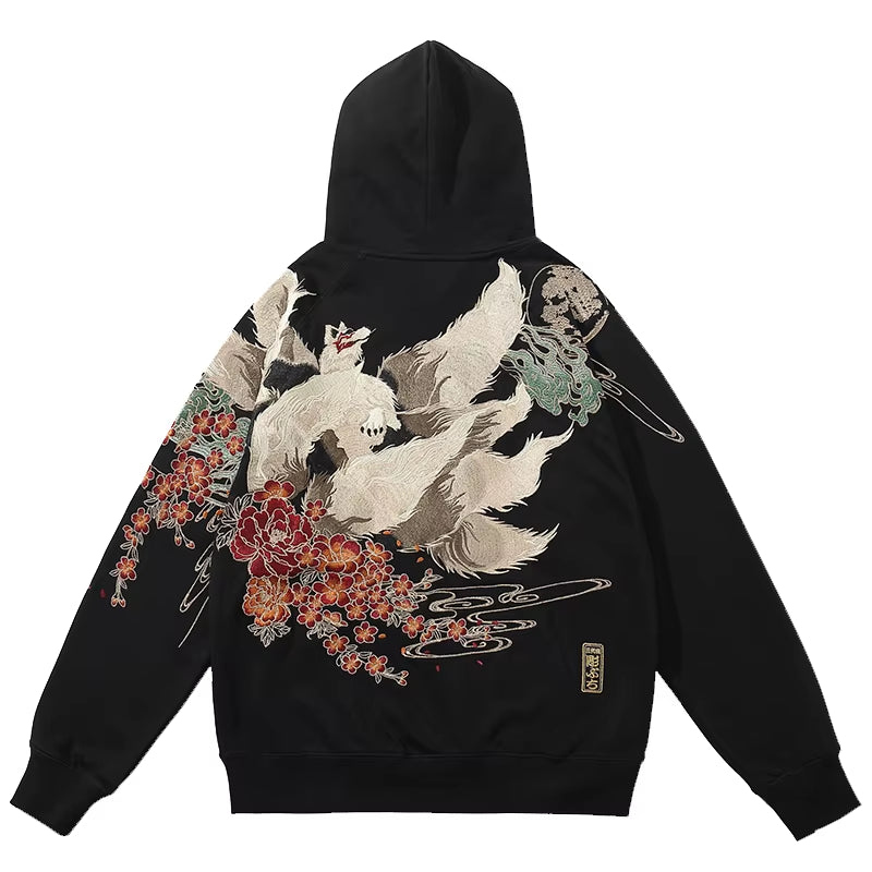Hip Hop Streetwear Men Hoodie Sweatshirt Embroidery Flower Chinese Kanji Pullover Autumn Harajuku Cotton Hooded Hoodie Black