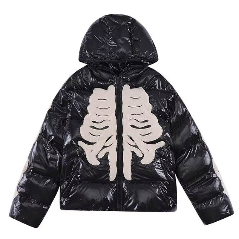 Retro Skeleton Embroidered Winter Padded Jacket for Men - Stylish Loose Fit Hooded Streetwear Parka Unisex Fashion