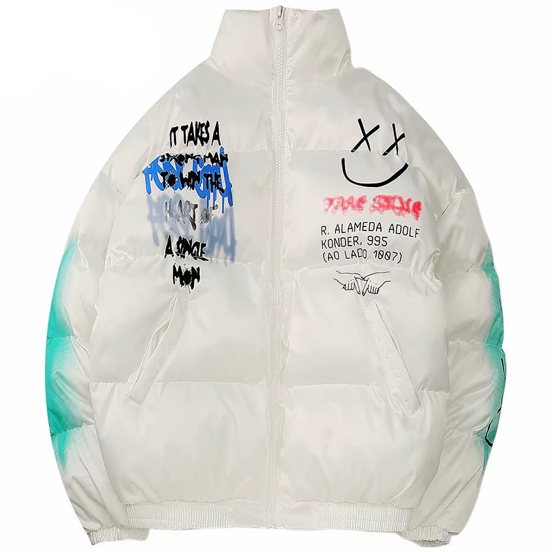 2025 Hip Hop Jacket Parka Happy Graffiti Print Men Windbreaker Streetwear Harajuku Winter Padded Jacket Coat Warm Outwear Thick