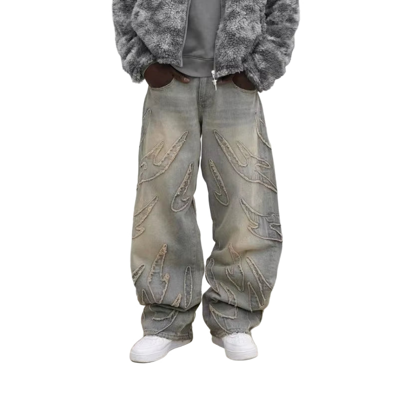 Retro Hip Hop Loose Y2K Men Jeans Harajuku Embroidered Denim Split Fur Edge Pants Men and Women Punk Casual Pants