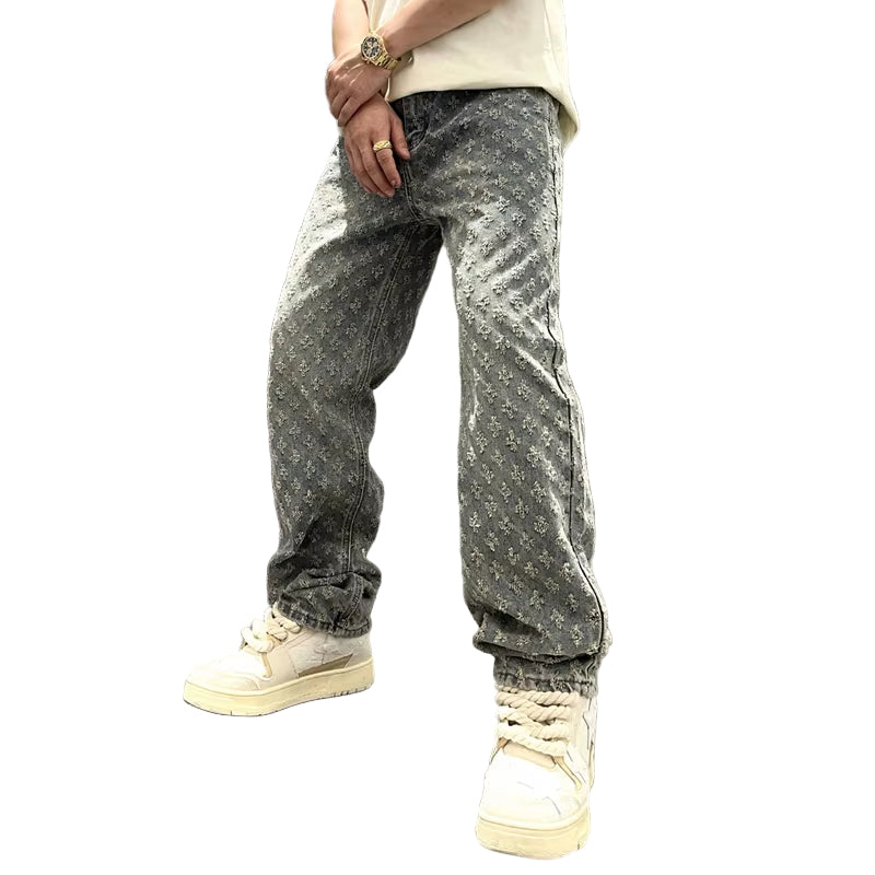 Jacquard Pattern Denim Pants Male Straight Fitting Baggy Bottoms Distressed Wide Jeans for Men