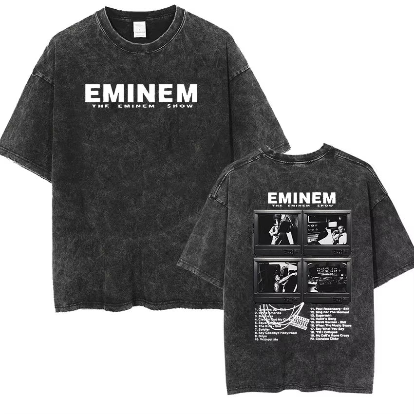90S Rapper Eminem World Tour Music Graphic T Shirts Men'S Cool Hip Hop Vintage Washed Oversized T-Shirt Unisex Gothic Streetwear