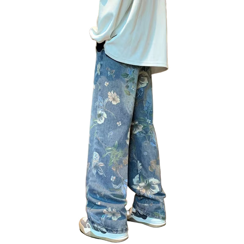 Autumn Floral Printed Jeans for Men 2024 New Y2K Vintage Denim Pants Hip Hop Fashion Wide-Leg Baggy Jean Streetwear Trousers