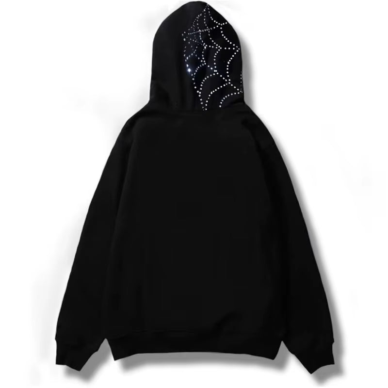 Y2K Rhinestone Cobweb Zip up Oversized Sweatshirt 2022 Autumn Goth Hoodie Men Women Grunge Hooded Jacket Streetwear Y2K Clothing