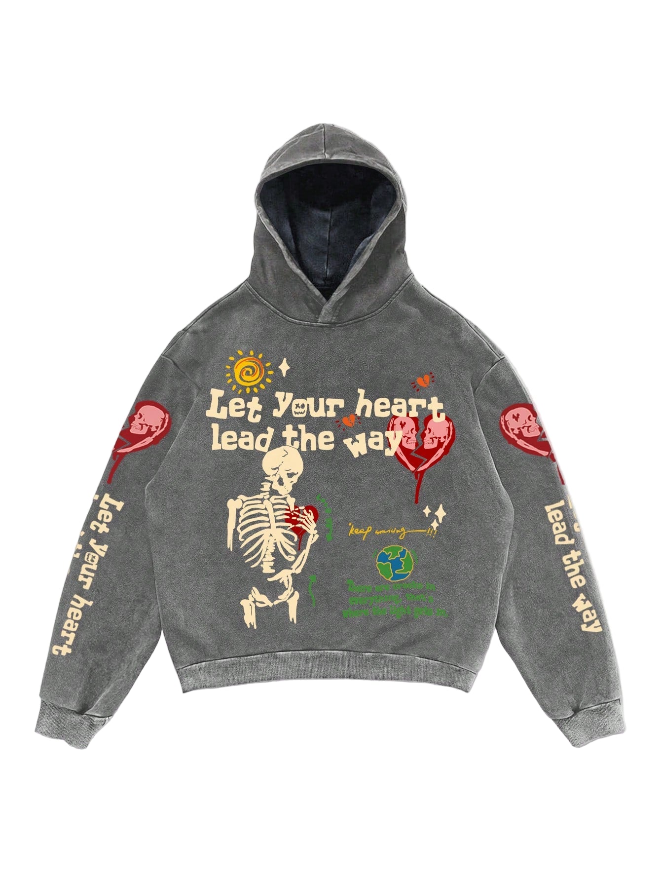 ROMWE MEN Street Life Men'S Vintage Washed Skull & Slogan Graphic Print Hoodie Sweatshirt