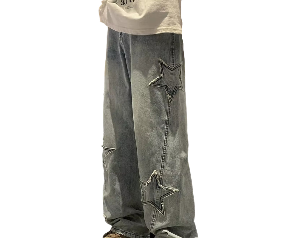 New Fashion Five-Pointed Star Jeans Men High-Waisted Vintage Streetwear Men Pants Baggy Winter Wide-Leg Jeans Denim Men Clothing