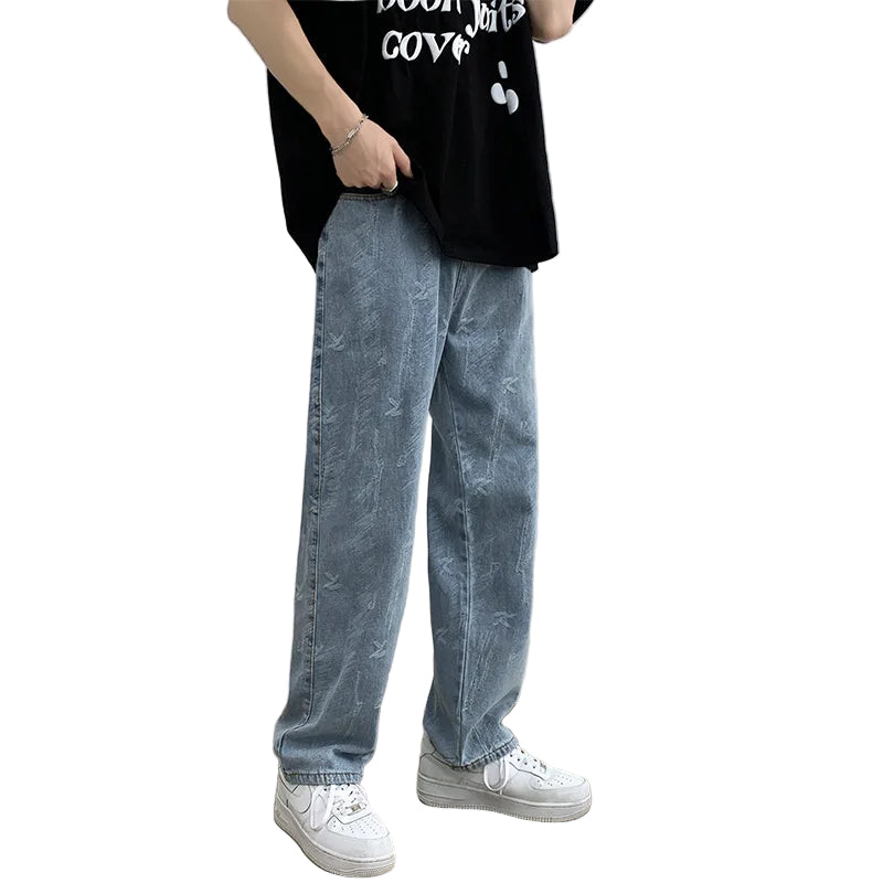 Jeans Men Design Print Mid Waist Oversize Baggy Jean Streetwear Zipper Fly Straight Denim Trousers Hip Hop Retro Ulzzang Teens