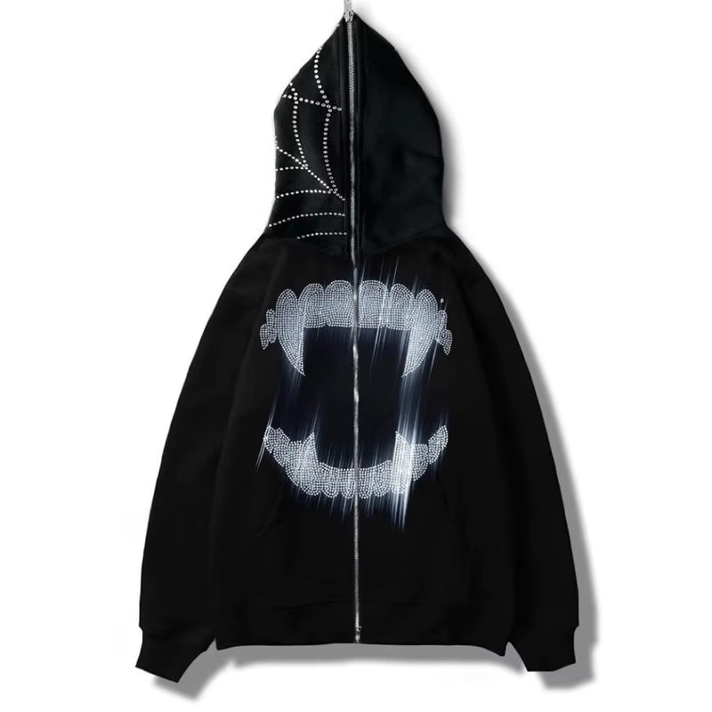 Y2K Rhinestone Cobweb Zip up Oversized Sweatshirt 2022 Autumn Goth Hoodie Men Women Grunge Hooded Jacket Streetwear Y2K Clothing