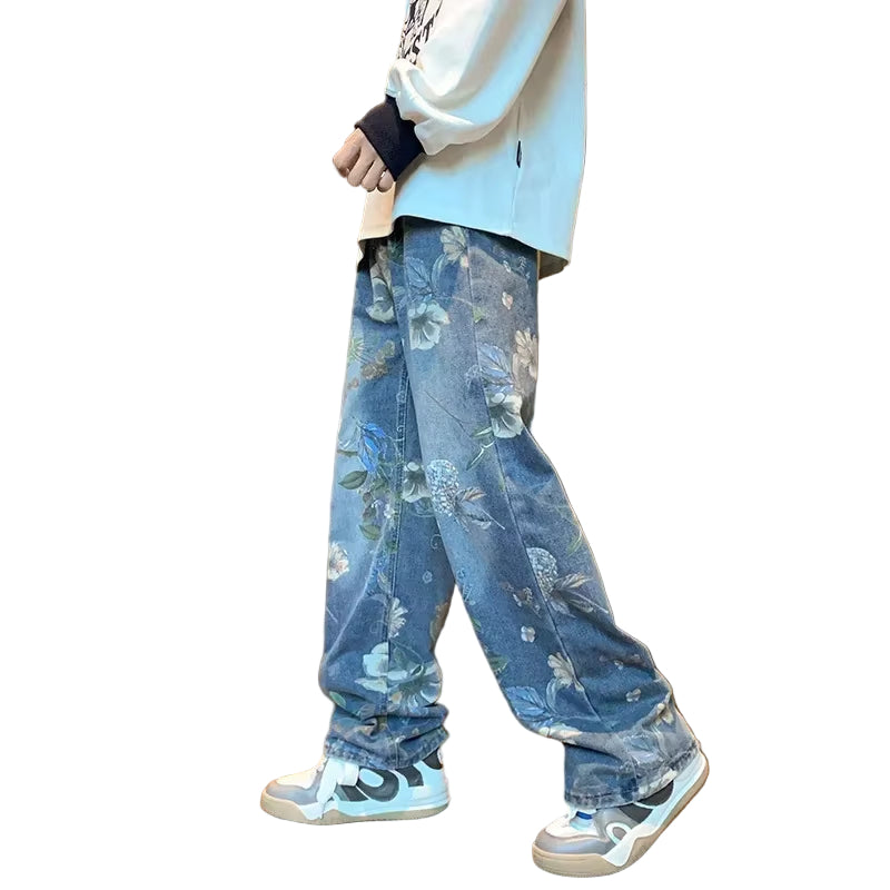 Autumn Floral Printed Jeans for Men 2024 New Y2K Vintage Denim Pants Hip Hop Fashion Wide-Leg Baggy Jean Streetwear Trousers