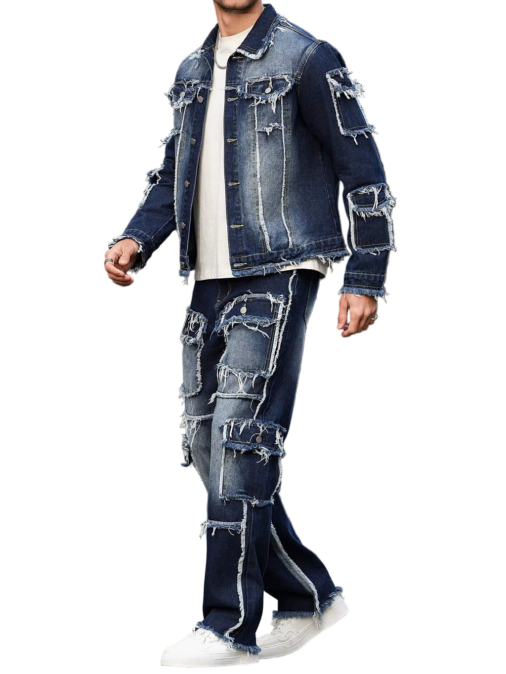 Men'S Spring and Autumn Denim Suit, Multi - Pocket Design, Wide Straight - Leg Pants Style