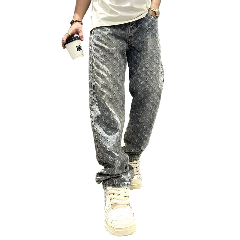 Jacquard Pattern Denim Pants Male Straight Fitting Baggy Bottoms Distressed Wide Jeans for Men