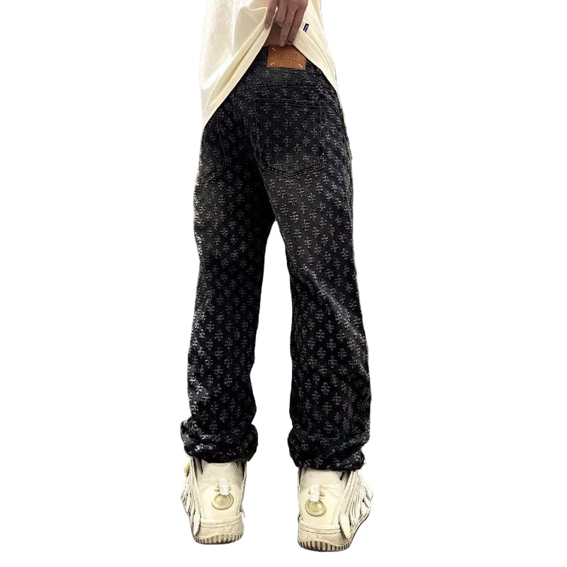 Jacquard Pattern Denim Pants Male Straight Fitting Baggy Bottoms Distressed Wide Jeans for Men
