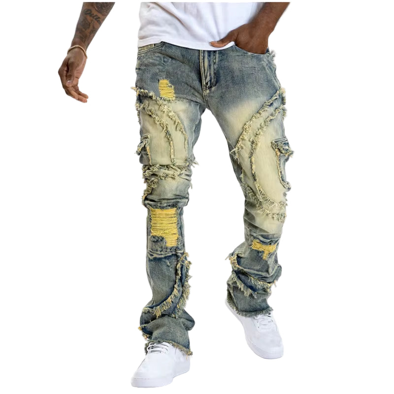 Men Ripped Stacked Jeans Distressed Slim Fit Skinny Straight Leg Jeans Fashion Hip Hop Denim Pants Casual Streetwear