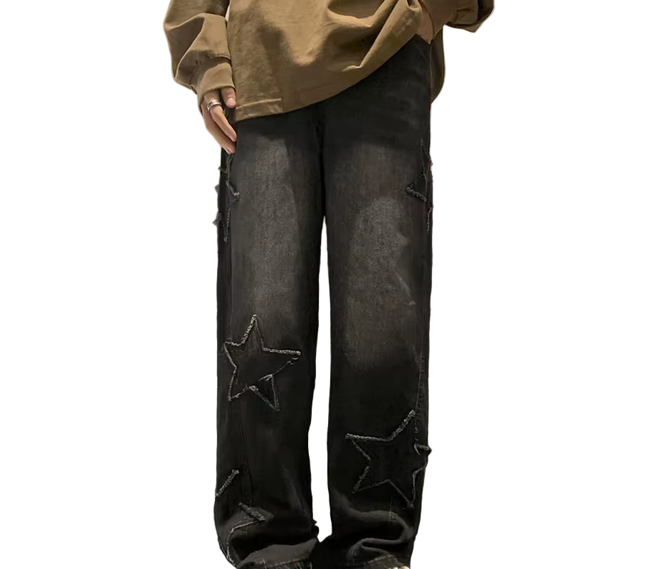 New Fashion Five-Pointed Star Jeans Men High-Waisted Vintage Streetwear Men Pants Baggy Winter Wide-Leg Jeans Denim Men Clothing