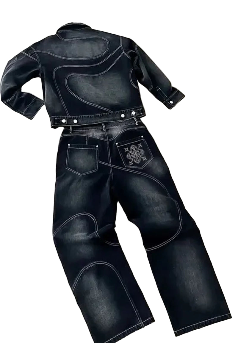 Retro Gothic Tracksuit Men New Y2K Jeans Men Clothes Oversized Striped Pattern Jacket Sweatpants Two Piece Set Clothes for Men