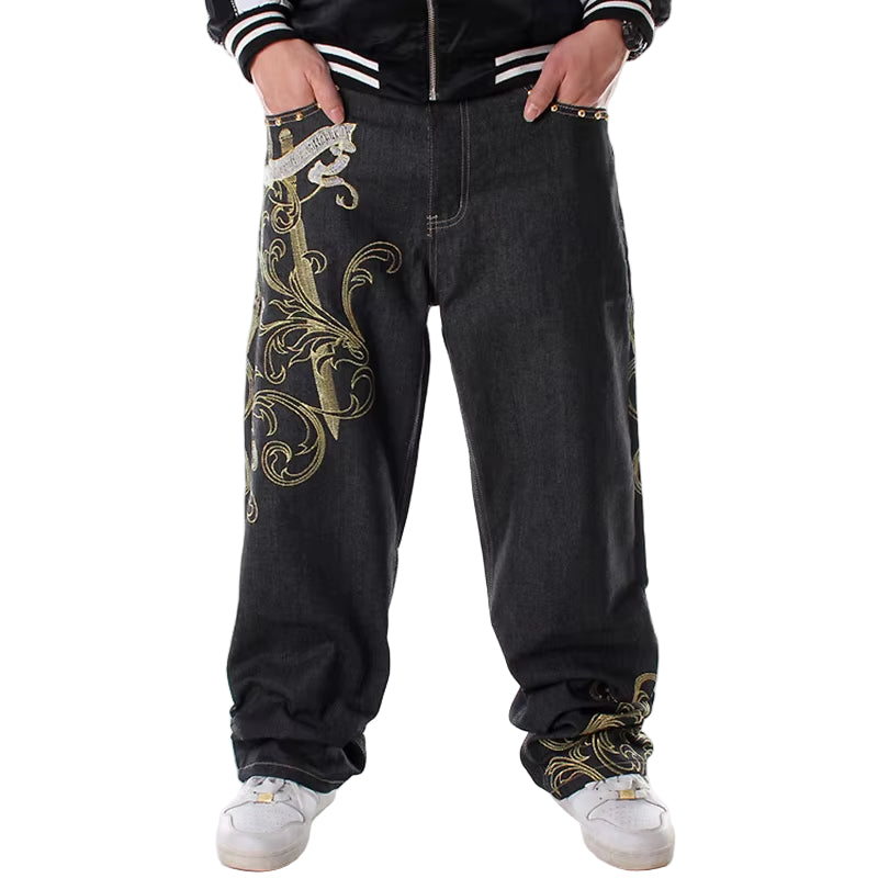 Mens Loose Jeans Wide Leg Fashion Embroidery Skateboarder Hip Hop Baggy Denim Pants Big Size 30-46