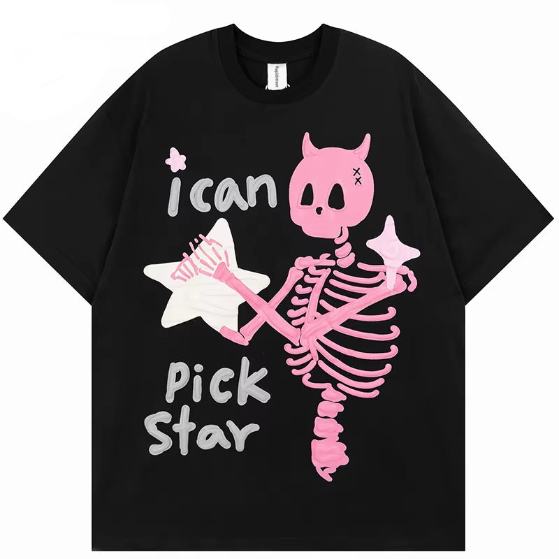 Men T-Shirt Oversized Hiphop Streetwear Funny Devil Horn Skull Skeleton Graphic T Shirt Men Japanese Tshirt Summer Tops Cotton