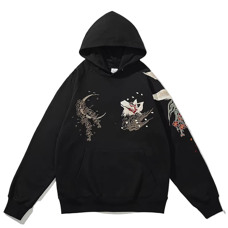 Hip Hop Streetwear Men Hoodie Sweatshirt Embroidery Flower Chinese Kanji Pullover Autumn Harajuku Cotton Hooded Hoodie Black