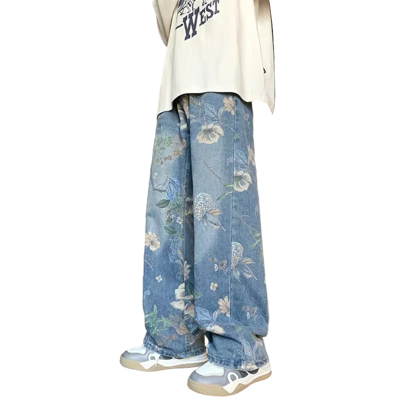 Autumn Floral Printed Jeans for Men 2024 New Y2K Vintage Denim Pants Hip Hop Fashion Wide-Leg Baggy Jean Streetwear Trousers